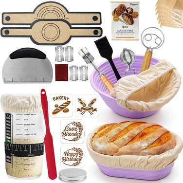 Набір для закваски Sauerteig: 650 мл скляний контейнер для бродіння, силіконові корзини для бродіння (круглі та овальні), 30-ти елементний набір для випікання хліба, легко миється та зберігається. Ідеальний подарунок для початківців та досвідчених пекарів