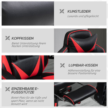 Ергономічне ігрове крісло з регульованою підніжкою та спинкою, обшите піною та екошкірою, з металевим каркасом. Чорно-червоний колір. Розміри: 65 x 70 x 118,5-128,5 см.