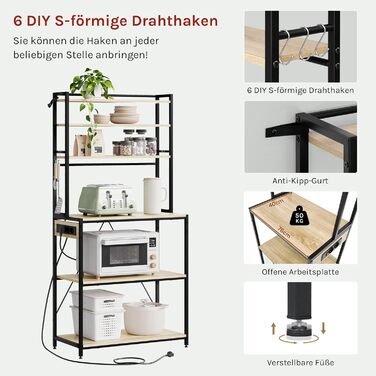 Кухонна полиця WOLTU з 6 ярусами, з розетками, для мікрохвильової печі, з металевим каркасом, регульовані полиці, Чорний+Рустикальний коричневий, 60 x 167 x 40 см