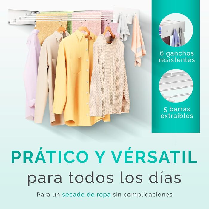 Настінний сушильник для білизни JUPPLIES, висувний, 120 см – розкладний, для дому та вулиці, з алюмінію, 30 кг, білий (з вішалками)