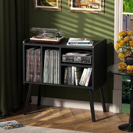 Стіл для програвача вінілу, стійка для програвача середини століття з місцем для зберігання до 150+ платівок, шафа для платівок з регульованими полицями, чорний