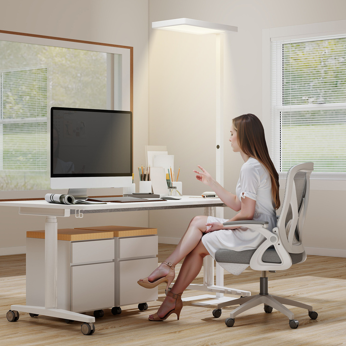 Світлодіодна настільна лампа з м'яким світлом, підлогова лампа з пультом дистанційного керування, регульована яскравість, корпус з пластику та металу, колір – білий.