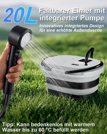 Campingdushe з насосом 20л, портативний душ з акумулятором 13000mAh, LED-індикатор, 5 режимів, для кемпінгу, подорожей, миття тварин