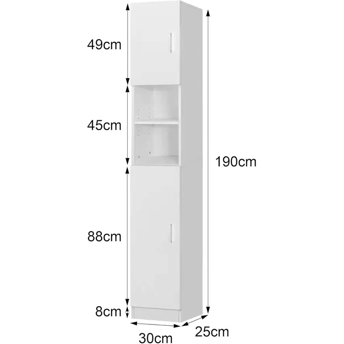 Тумба для ванної кімнати ML-Design біла, 30x190x30 см, Висока шафа з 6 відділеннями, 2 двері, МДФ Дерево (Модель 2)