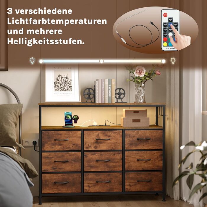 Комод WOLTU з 9 тканинними висувними ящиками, LED-підсвіткою та розетками, металевим каркасом, для вітальні, спальні, передпокою, рустикальний коричнево-чорний колір