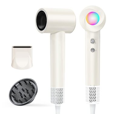 Іонний фен для волосся з дифузором, швидке сушіння 150 000 об/хв, 500 млн негативних іонів, 8 температурних режимів з LED-дисплеєм, для кучерявого та густого волосся, бежевий