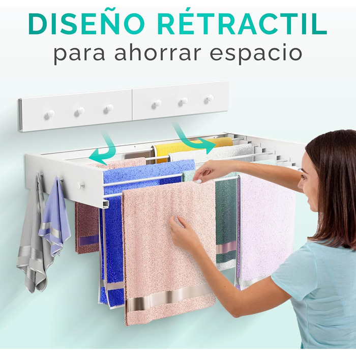 Настінний сушильник для білизни JUPPLIES, висувний, 120 см – розкладний, для дому та вулиці, з алюмінію, 30 кг, білий (з вішалками)