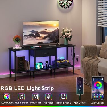 Тумба під телевізор з LED-підсвічуванням, 120 см, з розеткою та USB-портами, для телевізорів до 55 дюймів, чорна