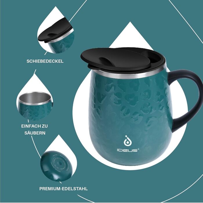 Кружка для кави та чаю Ideus 470 мл з подвійними стінками, нержавіюча сталь, з нековзним ручним тримачем та кришкою-висувним модулем (Трав'яний зелений)