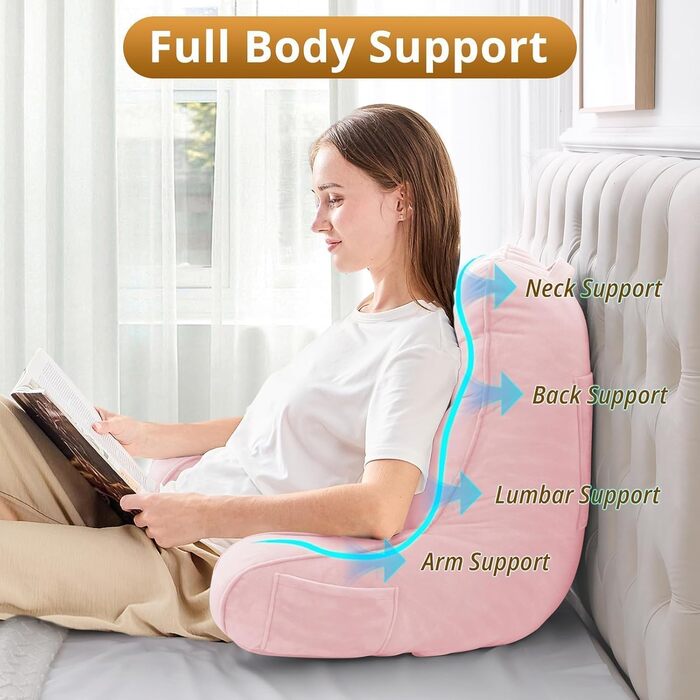 М'яке спинне крісло-подушка Sasttie для ліжка, рожеве, з кишенями та підлокітником