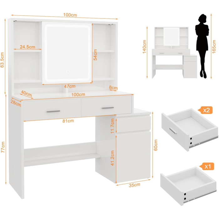 Дзеркальний туалетний столик JUMMICO з LED-підсвічуванням (3 режими яскравості, 3 колірні температури), великий комод з 6 відділеннями, 2 ящиками, бічною шафкою та полицею, 117x40x140 см, білий
