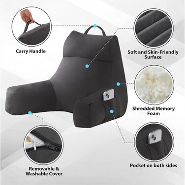 Підголовник для читання з підлокітниками для дорослих, подушка для спини для сидіння в ліжку, нарізана подушка для спини з піною з пам'яті з кишенями та знімним, пральним чохлом, для відпочинку, перегляду телевізора