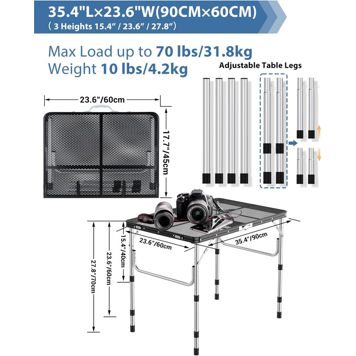 Розкладний стіл для кемпінгу, 90x60 см алюмінієвий кемпінговий стіл Максимальне навантаження 31,8 кг, Кемпінговий стіл регулюється по висоті (40 см, 60 см і 70 см) для пікніка Гриль Приготування їжі Сад Походи Подорожі Чорний