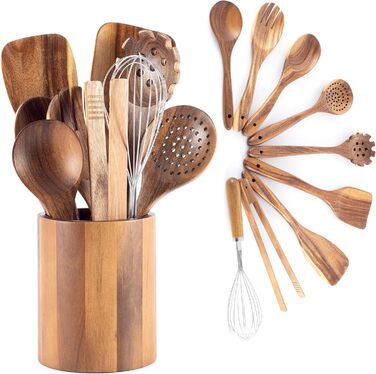 Набір кухонних помічників з дерева (9 предметів): щипці для гриля, вінчик, лопатка, ложка, шумовка. Матеріал: теак.
