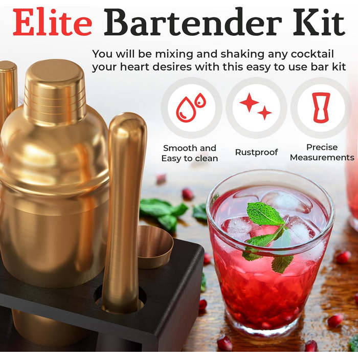Набір бармена Highball & Chaser Elite з бамбуковим підставкою: шейкер для коктейлів з нержавіючої сталі та барний інвентар. Ідеальний для дому, вечірок та приготування напоїв (530 мл, чорний)
