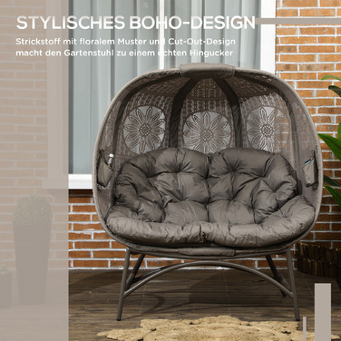Outsunny Garden Chair 2-місне крісло Papasan зі складним кошиком і подушкою, шезлонг для балкона та тераси, сталь у піску, 126 x 75 x 142 см