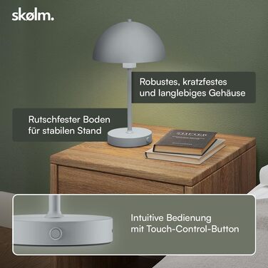 LED настільна лампа Skølm Aeriala: диммування, USB-C зарядка, тепле світло, до 10 годин роботи, метал, сірий колір