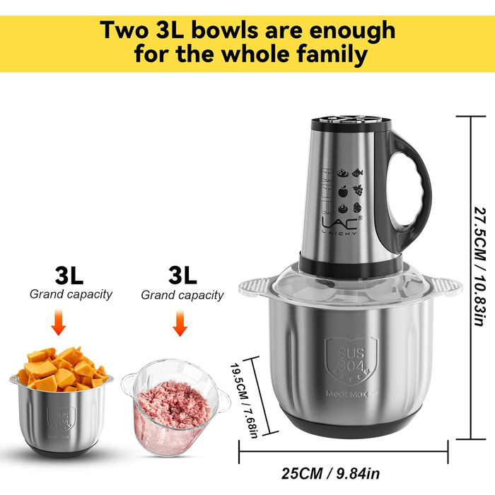 Електричний подрібнювач для кухні з 3L скляною та 3L нержавіючою чашею, 300W, 2-лезові сталеві ножі, 3 швидкості, придатний для миття в посудомийній машині, для фруктів, овочів, м'яса