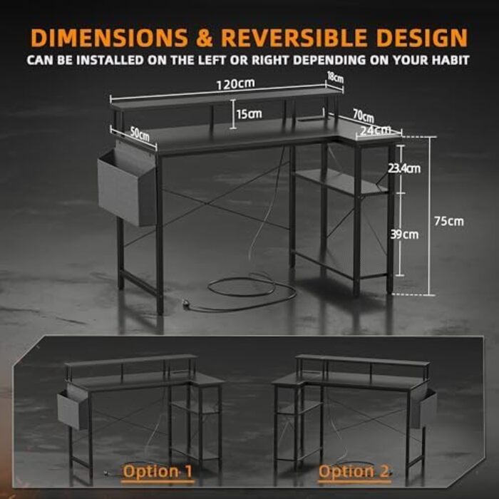 Комп'ютерний кутовий стіл BEXEVUE з розеткою та LED-підсвіткою, 120x70 см. Ергономічний кутовий стіл з полицями, регульований, для роботи та ігор, чорний колір.