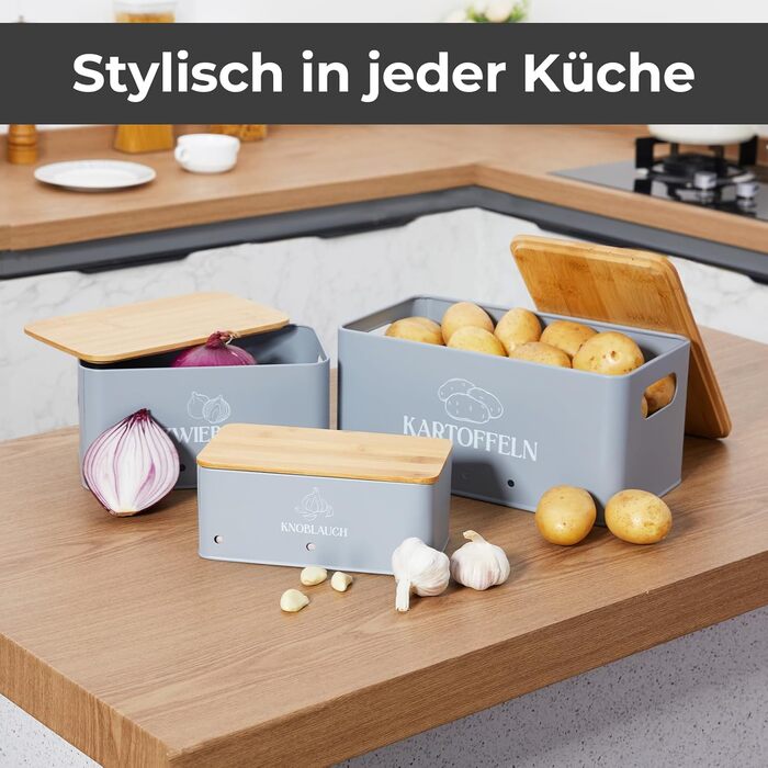 Набір контейнерів для зберігання овочів на кухні 3 шт. – для картоплі, цибулі та часнику з бамбуковими кришками – Набір для зберігання картоплі, цибулі та часнику сірого кольору