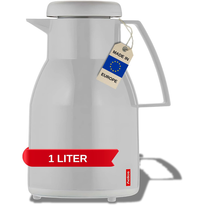 Термос Helios Wash Thermoskanne 1L: 6 годин тепла, 100% герметичний, для миття в посудомийній машині, з подвійним скляним вкладишем (сірий)