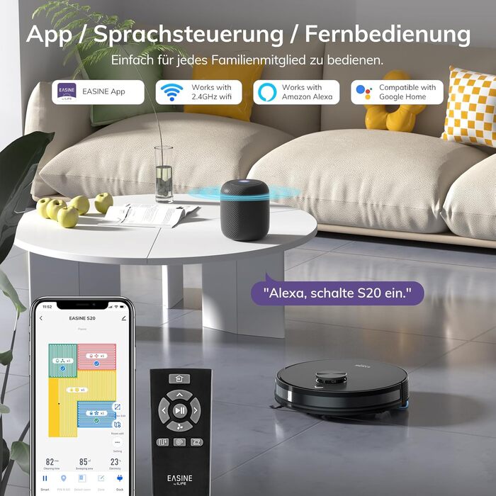 Робот-пилосос з функцією миття підлоги, автоматична станція самоочищення, лазерна навігація, зони заборони, 5000Pa, 5*2.5L мішки для пилу, 180 хвилин роботи, керування через додаток, для твердих підлог, килимів та шерсті тварин, S20