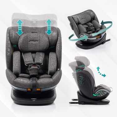 Дитяче автокрісло Xperta Baby Car на 360 з поворотом - Група дитячих автокрісел 0/1/2/3 (0-36 кг/0-12 років) 360 Swivel, ISOFIX, Автокрісло з безпекою i-Size і Top Tether, Сірий (Чорна лінія)