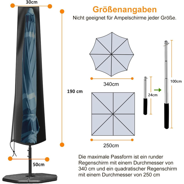 Чохол для парасольки OKPOW 3м: водовідштовхуючий, 600D, з блискавкою, захист від сонця, вітру та снігу, 190см×30/50см, чорний