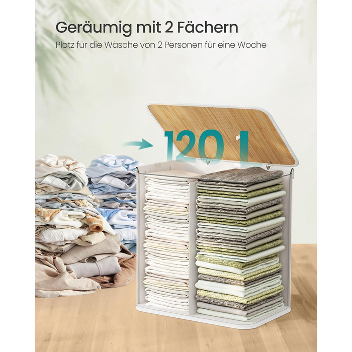 SONGMICS Кошик для білизни з кришкою, 2 відділення, бамбук, складаний, знімний мішок, для прання, з ручками, 120 л, білий
