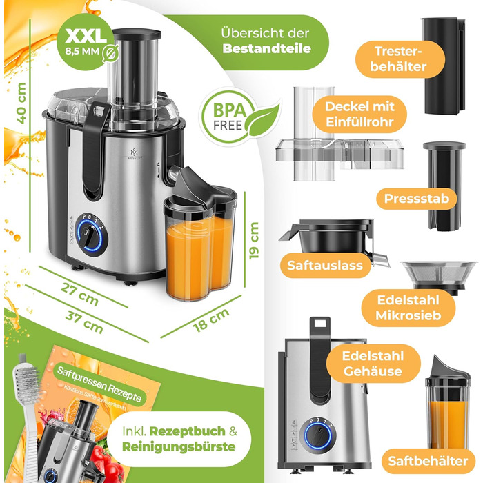 Електрична соковитискачка KESSER® Zentrifuge з нержавіючої сталі, 1100W, велика трубка для завантаження, 3 швидкості, сірий/сріблястий колір