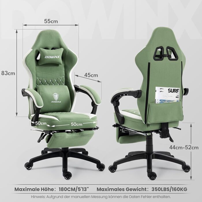 Ігровий крісло Dowinx з тканиною, гелевою подушкою та пружинним блоком, ергономічний офісний стілець з підніжкою, масажний ігровий крісло для дорослих (зелений)