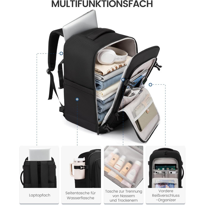 LOVEVOOK Рюкзак ручної поклажі, 18 дюймів, великий, для подорожей, авіакомпаній, чоловічий/жіночий, з відділенням для ноутбука, чорний
