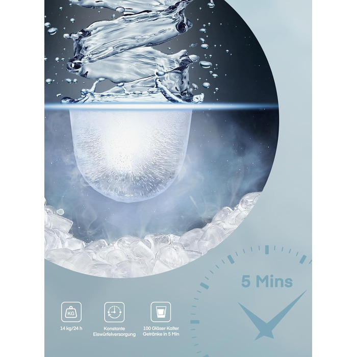 Льодогенератор FOHERE 14 кг/24 год, швидке виробництво льоду (5 хв), 2 розміри кулеподібного льоду, самоочищення, з ручкою, лопаткою та кошиком, для дому, офісу, вечірок (BabyBlue)