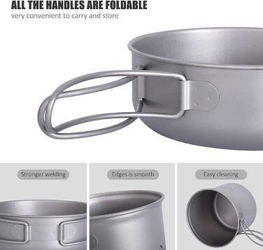 Набір кухонного посуду iBasingo для кемпінгу: титановий посуд з відкидним ручками, 1500 мл каструля та 500 мл сковорода, ідеальний для туризму та пікніків