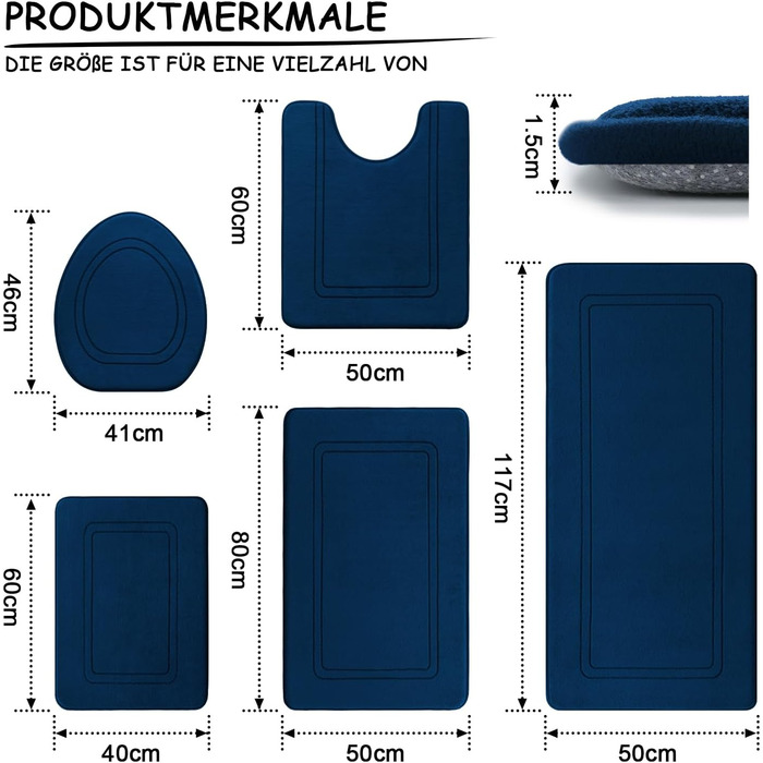Набір килимків для ванної кімнати chakme з 5 предметів, піна з ефектом пам'яті, не ковзає, можна прати, темно-синій