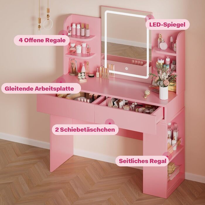 Трюмо Airfish з підсвічуванням 108x40 см: туалетний столик з дзеркалом, полицями, 2 шухлядами, регульоване освітлення, для спальні/вітальні (білий/рожевий)