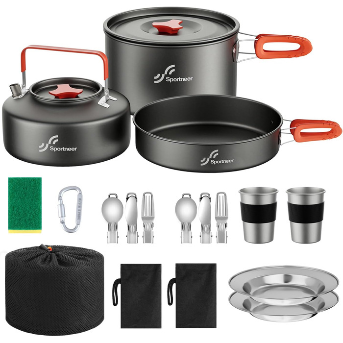 Набір посуду для кемпінгу на 2 особи: каструля, сковорода, чайник, тарілки, чашки, столові прибори (Löffel, Gabeln) для пікніків, походів та кемпінгу