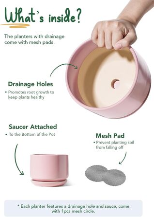 Набір горщиків для квітів LE TAUCI (3 шт.) з кераміки, діаметр 11, 13, 17 см, з підставками та дренажними отворами, реактивна глазур, бежево-рожевий