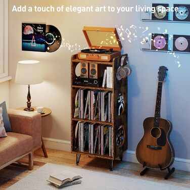 Стійка для програвача 4 яруси, вінтажний приліжний столик, полиця для програвача з місцем для зберігання платівок, дерев'яний стійкий для платівок, уміщує 300+ альбомів, для вітальні, спальні, офісу, коричневий