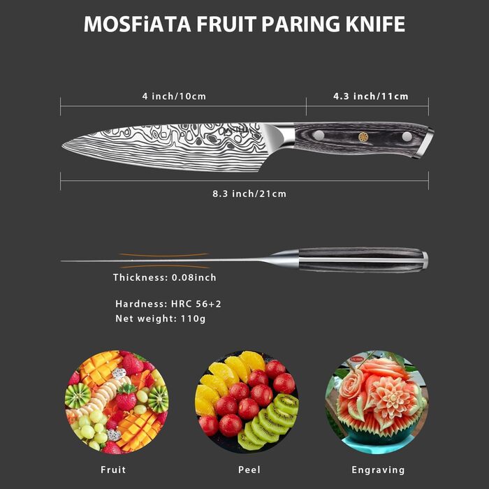MOSFiATA ніж кухарський Сантоку, професійний ніж для кухні, універсальний ніж з нержавіючої сталі, дуже гостре лезо, з подарунковою коробкою, 7' (4 дюйми) ніж для фруктів