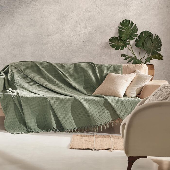 Бавовняне покривало Milam London з вафельним візерунком, плед для 2-3-місного дивана, дивана, кушетки, ліжка I King Розмір 220 х 240 см, шавлія зелений