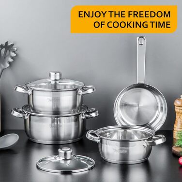 Набір каструль Velaze 7-ка з нержавіючої сталі, з кришками, індукційні, PFOA free, для всіх плит, сріблясті