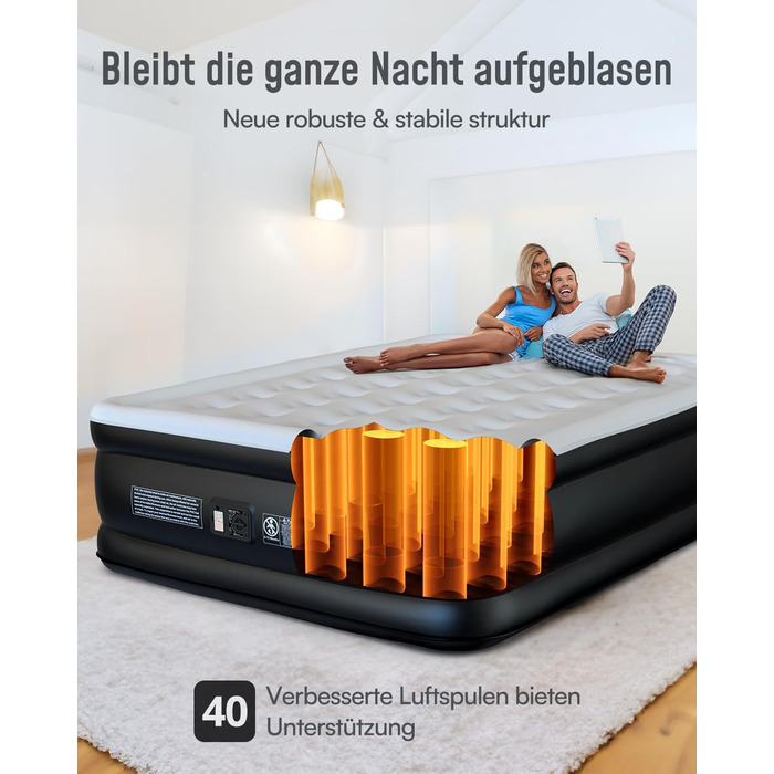 Надувне ліжко Airefina на 2 особи з самонадувною системою та вбудованим насосом, для кемпінгу та дому, міцне гостьове ліжко - 203 x 152 x 46 см