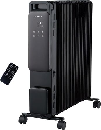 Масляний радіатор KLAMER 2500 Вт, електричне опалення енергозберігаюче, 13 ребер, 3 рівня нагріву з екорежимом, таймер на 24 години, термостат, захист від перегріву та нахилу, з дистанційним керуванням, для приміщень, білий (чорний)
