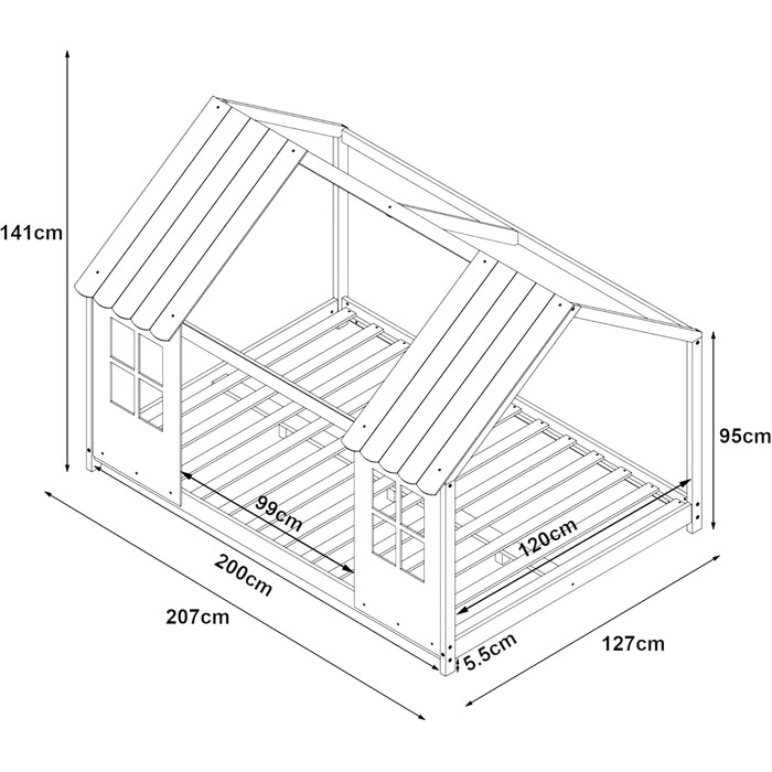 Дитяче ліжко Tostedt en.casa: ліжко-будиночок, ліжко-ігровий будиночок, ліжко Монтессорі з масиву сосни, 120x200 см, рожево-біле