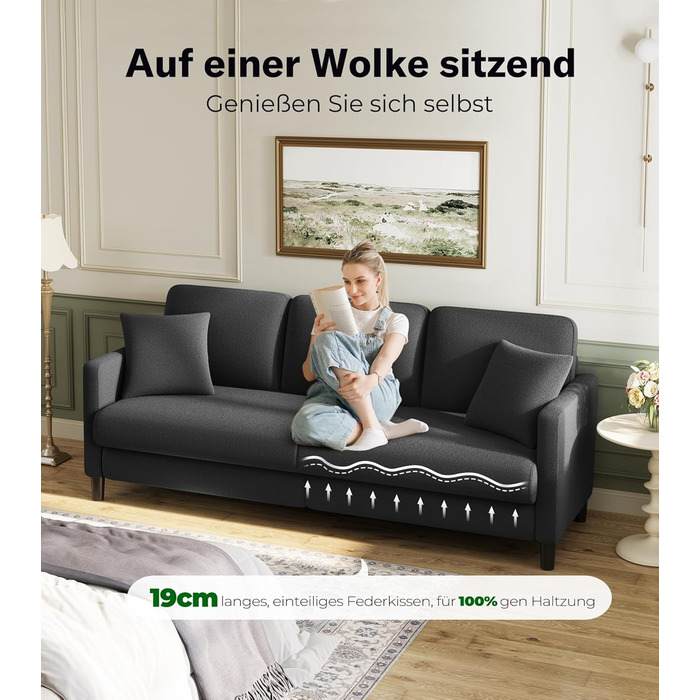 Двомісний диванчик, компактний диван для підліткової кімнати, зручний невеликий диван, легка збірка без інструментів, дивани з масиву дерева, невеликий диван для вітальні (сірий, 211 см)