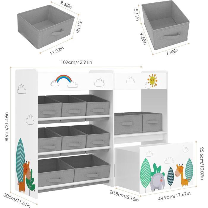Дитяча полиця для іграшок HOCSOK з 10 тканинними коробками для зберігання, полиця для книг, іграшковий ящик на колесах, органайзер для іграшок у дитячій кімнаті, білий