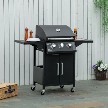 Газовий гриль Outsunny BBQ з 3 пальниками, 3 кВт, мобільний гриль-візок з колесами, сітка для гриля, бічні столики, редуктор, шланги 121 x 55 x 109 см | Aosom
