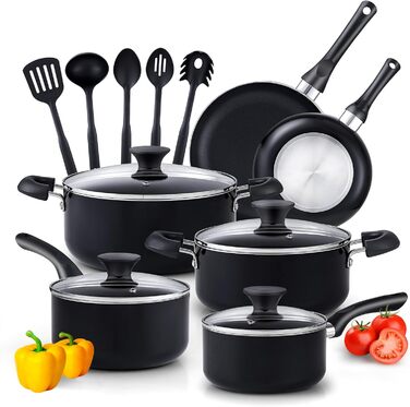 Набір посуду Cook N Home Basics 15 предметів: каструлі та сковорідки з антипригарним покриттям, алюміній, чорний