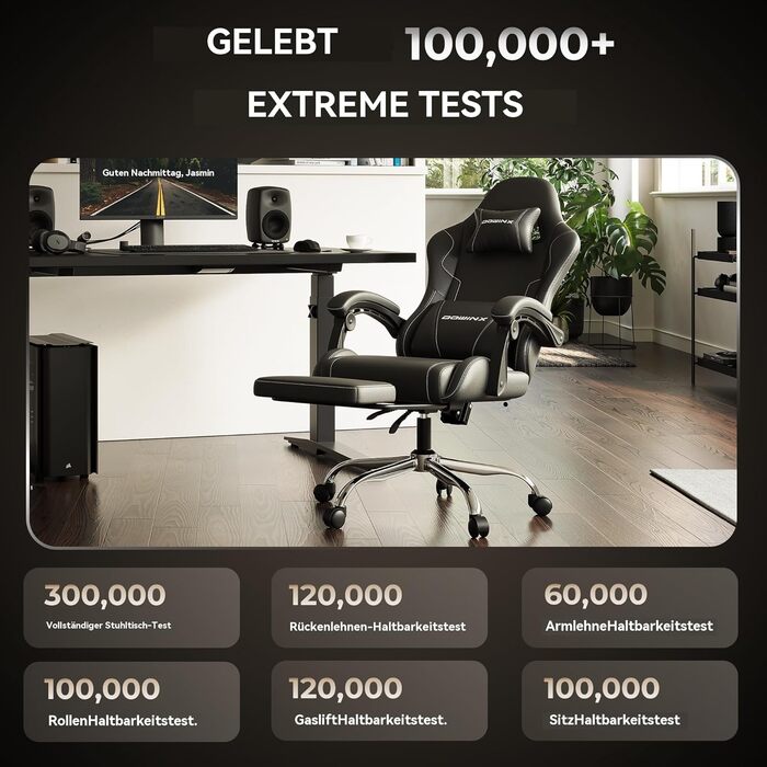 Ігровий крісло Dowinx з підніжкою та масажем попереку. Ергономічне ігрове крісло для офісу, дому, стрімінгу та тривалих ігрових сесій. Білий (Чорний)